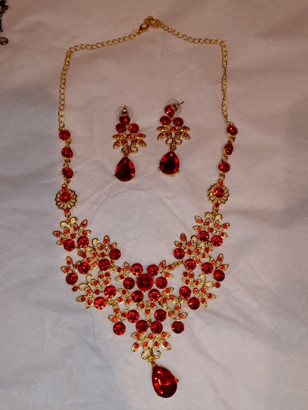 Gold-Tone Red Crystal Statement Necklace & Earrings Set